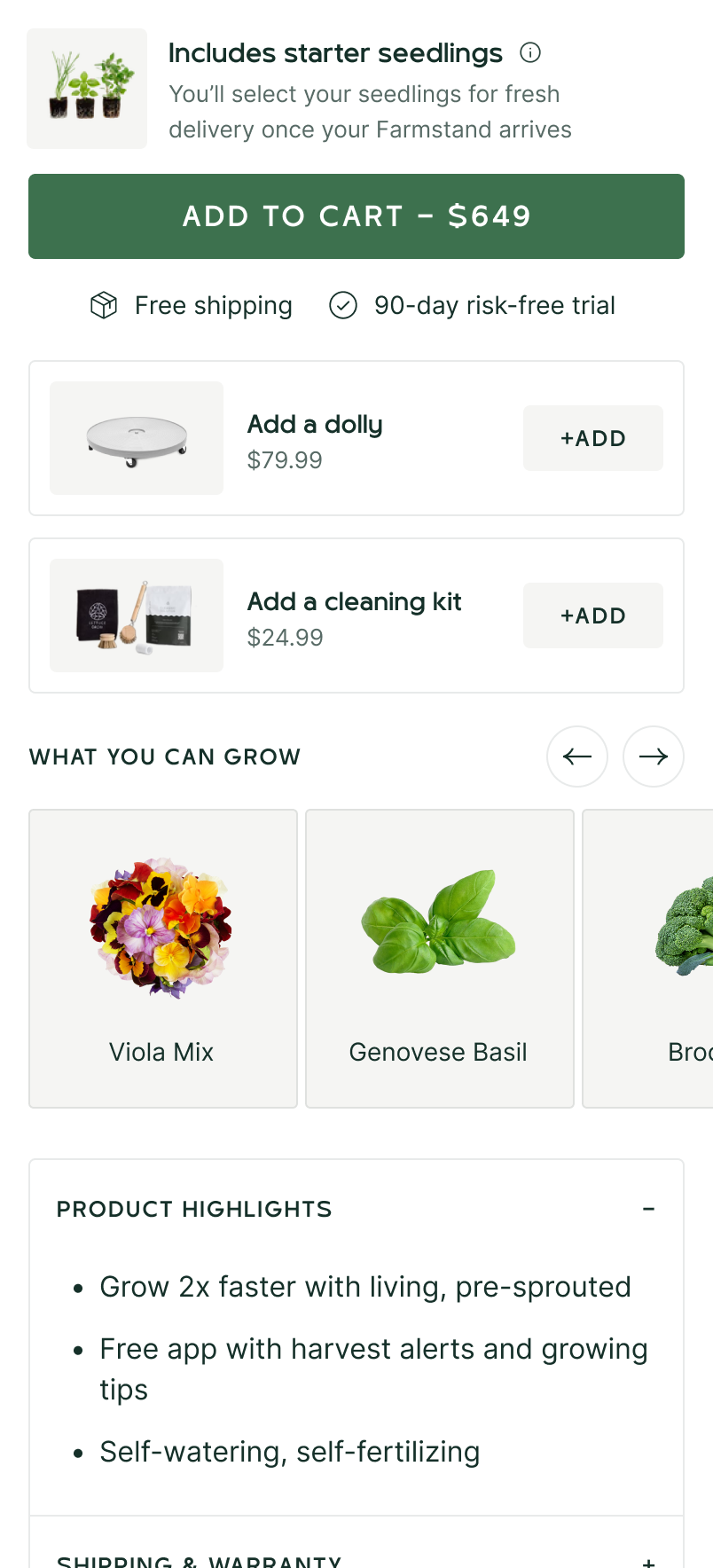 Lettuce Grow product page upsell on mobile