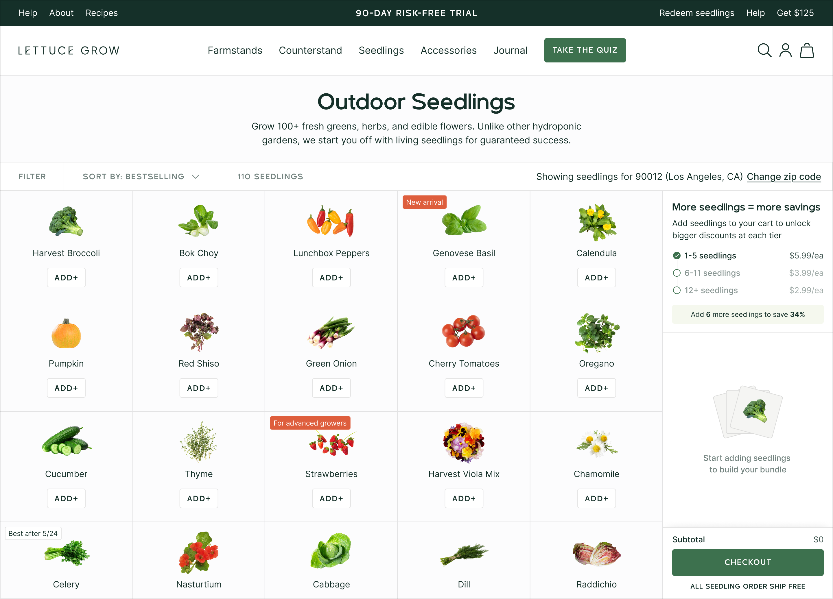 Lettuce Grow seedlings collection page with plant grid and filters