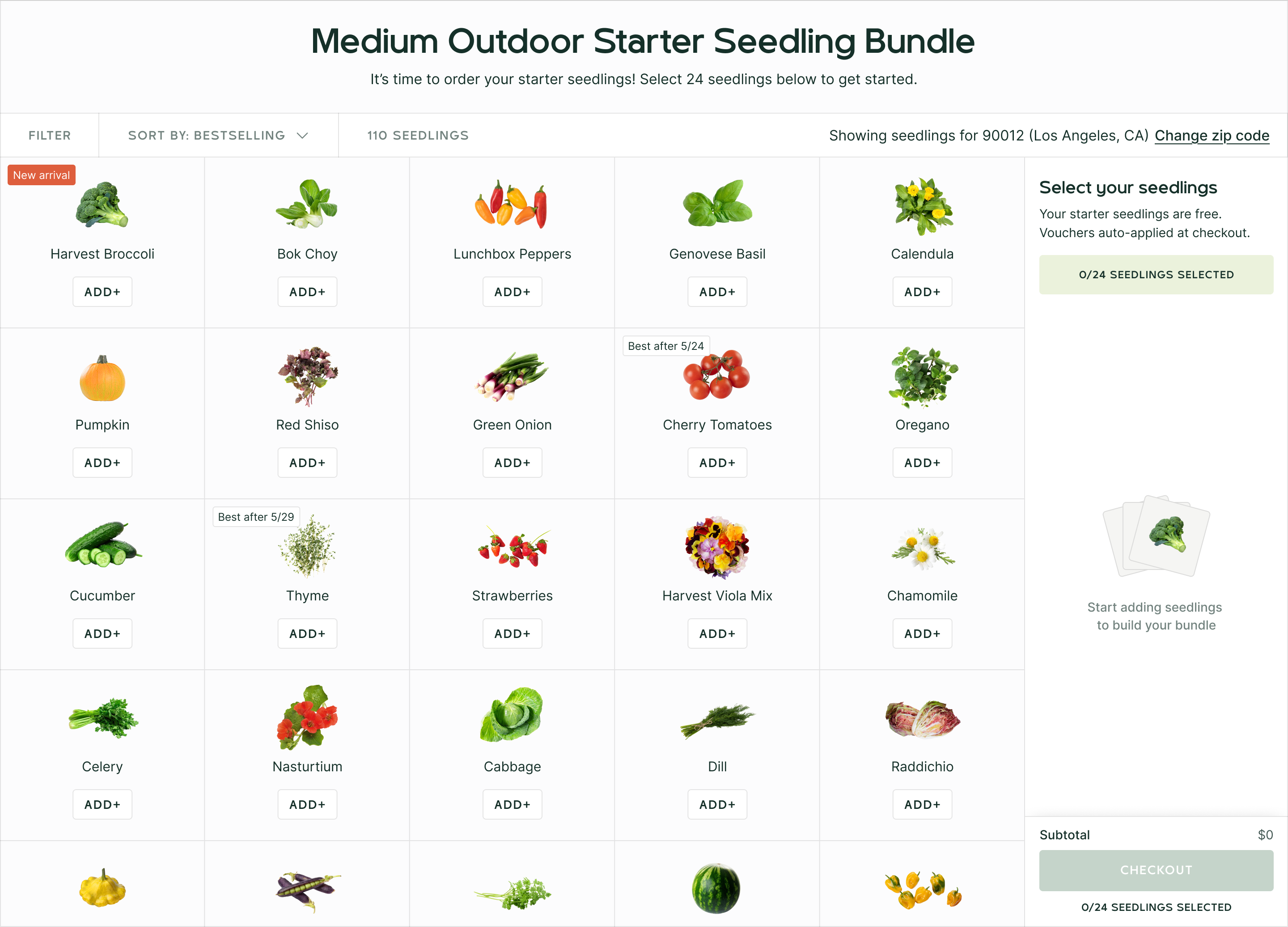 Lettuce Grow starter seedlings bundle page with pack-count progress